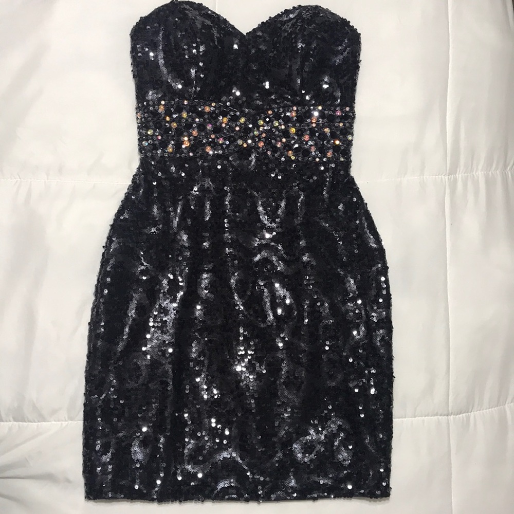 Night Moves 6453 Black Short Sequin Jeweled Dress